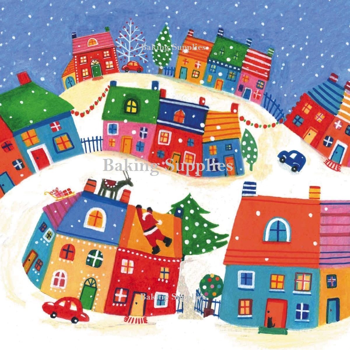 8"(20CM) SQUARE CHRISTMAS VILLAGE SCENE EDIBLE ICING CAKE TOPPER