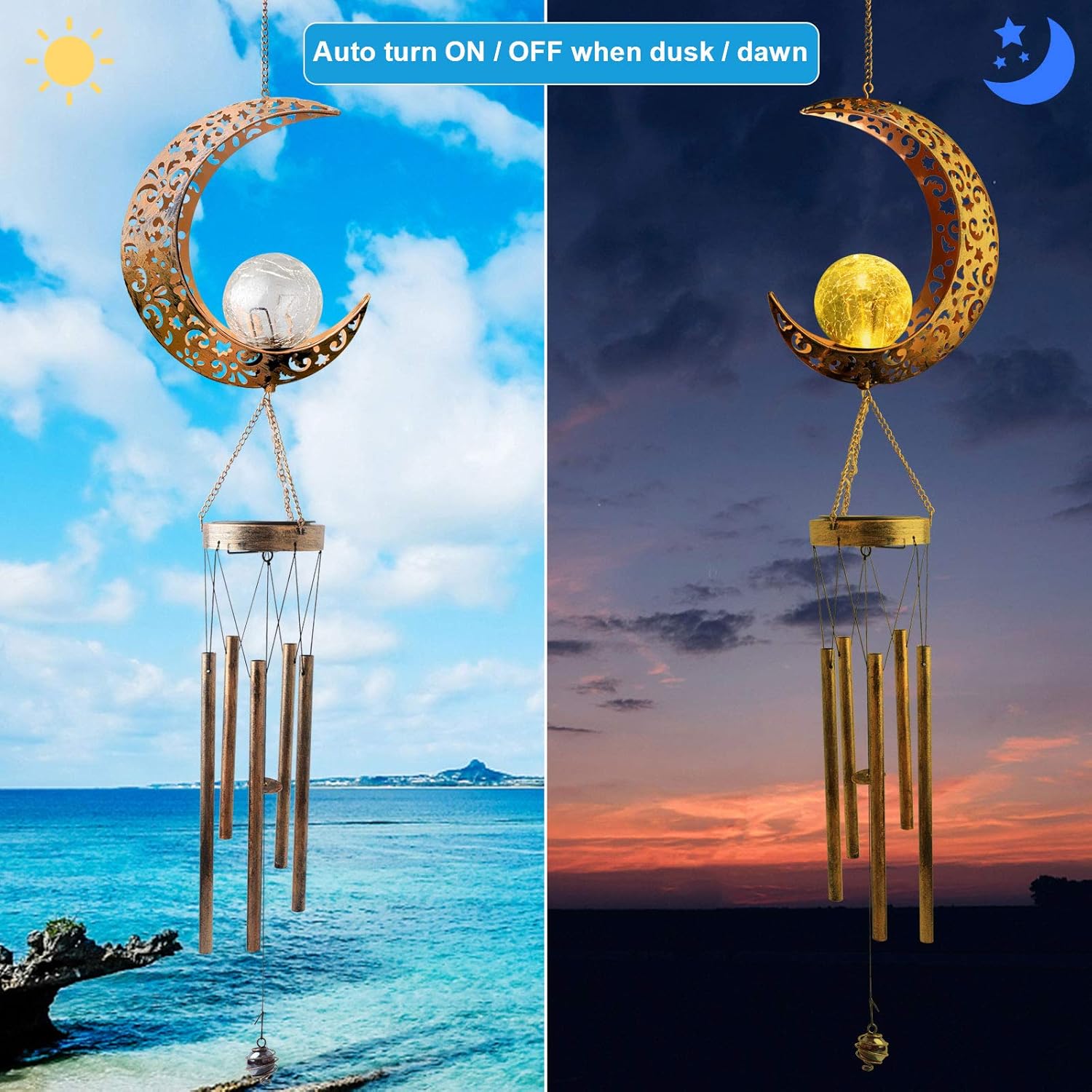 JOBOSI Moon Crackle Glass Ball Wind Chimes Solar Wind Chimes Sympathy Wind Chimes Outdoor Gifts for Mom Gift Wind chime Garden Wind chimes Decorations Patio Decorations with S Hook Outdoor Wind Chimes : Garden & Outdoor
