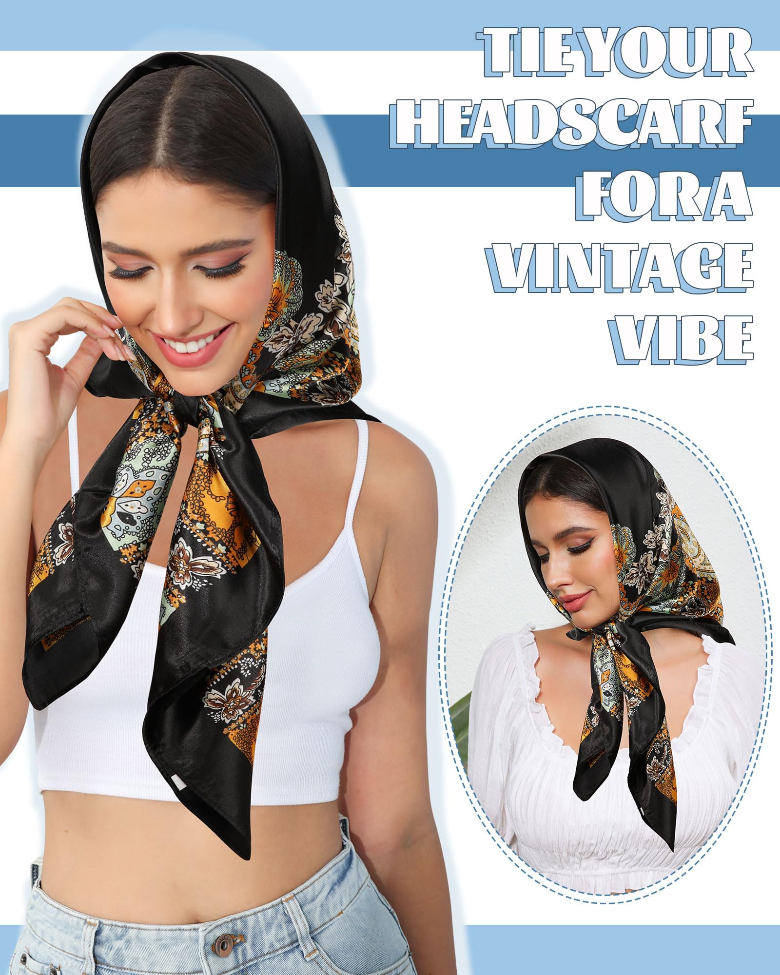 AWAYTR 35” Large Square Satin Head Scarf - 3Pcs Satin Hair Scarves Silk Bandana Scarf Headscarf Silk Feeling Scarf for Women