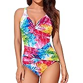 Smismivo Tummy Control Swimsuits for Women Slimming One Piece Bathing Suit Retro Ruched Push Up Vintage Padded Swimwear