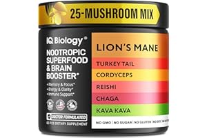 IQ BIOLOGY Kava Kava Root Cordyceps Lions Mane Reishi Mushroom Supplement, Nootropic Mushrooms Capsules Kava Kava Extract, Mushroom Vitamins for Women, Energy Mushrooms, Ashwagandha, Magnesium - 60 Caps (1 Pack)