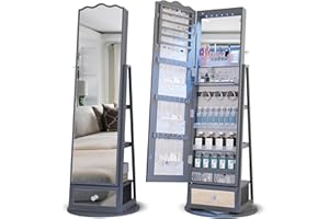 Lvifur 360° Rotating LED Jewelry Armoire w/Full Length Mirror, Large Capacity Jewelry Organizer Armoire w/Lights, Lockable Floor Standing Mirror Cabinet with Storage Shelves for Bedroom, Cloakroom