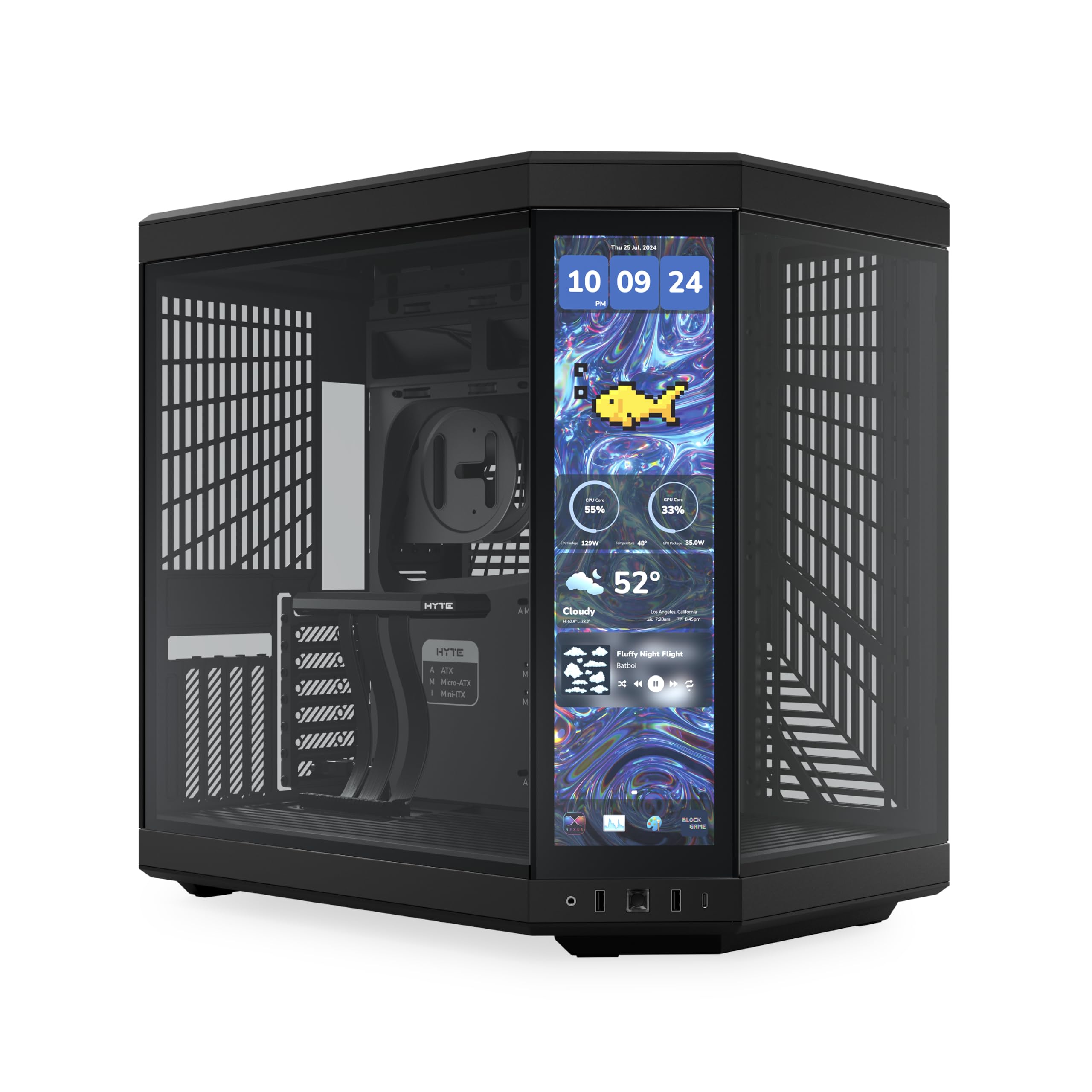Hyte Y70 Touch Infinite Caja estética moderna de torre media ATX de doble cámara con pantalla táctil LCD integrada de 2.5K - Negro intenso