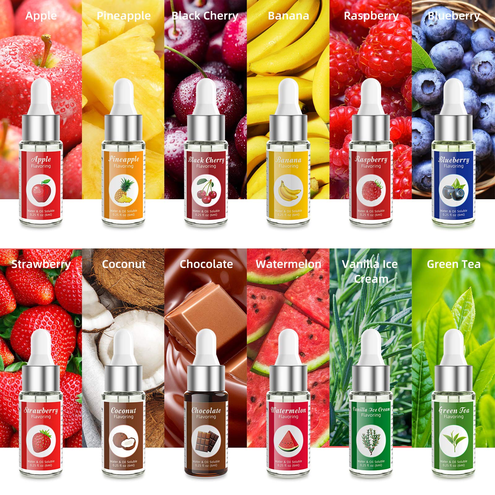 Nomeca Food Flavoring Oil, Candy Flavors Strawberry Chocolate Vanilla Flavoring Extract for Baking Cooking and Lip Gloss Making, Water & Oil Soluble - .2 Fl Oz / 6 ml with Droppers (Pack of 12)