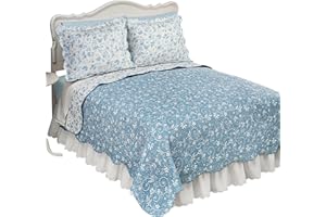Collections Etc Reversible Floral Quilt with Scalloped Edges and Two-Tone Design, Blue, Twin
