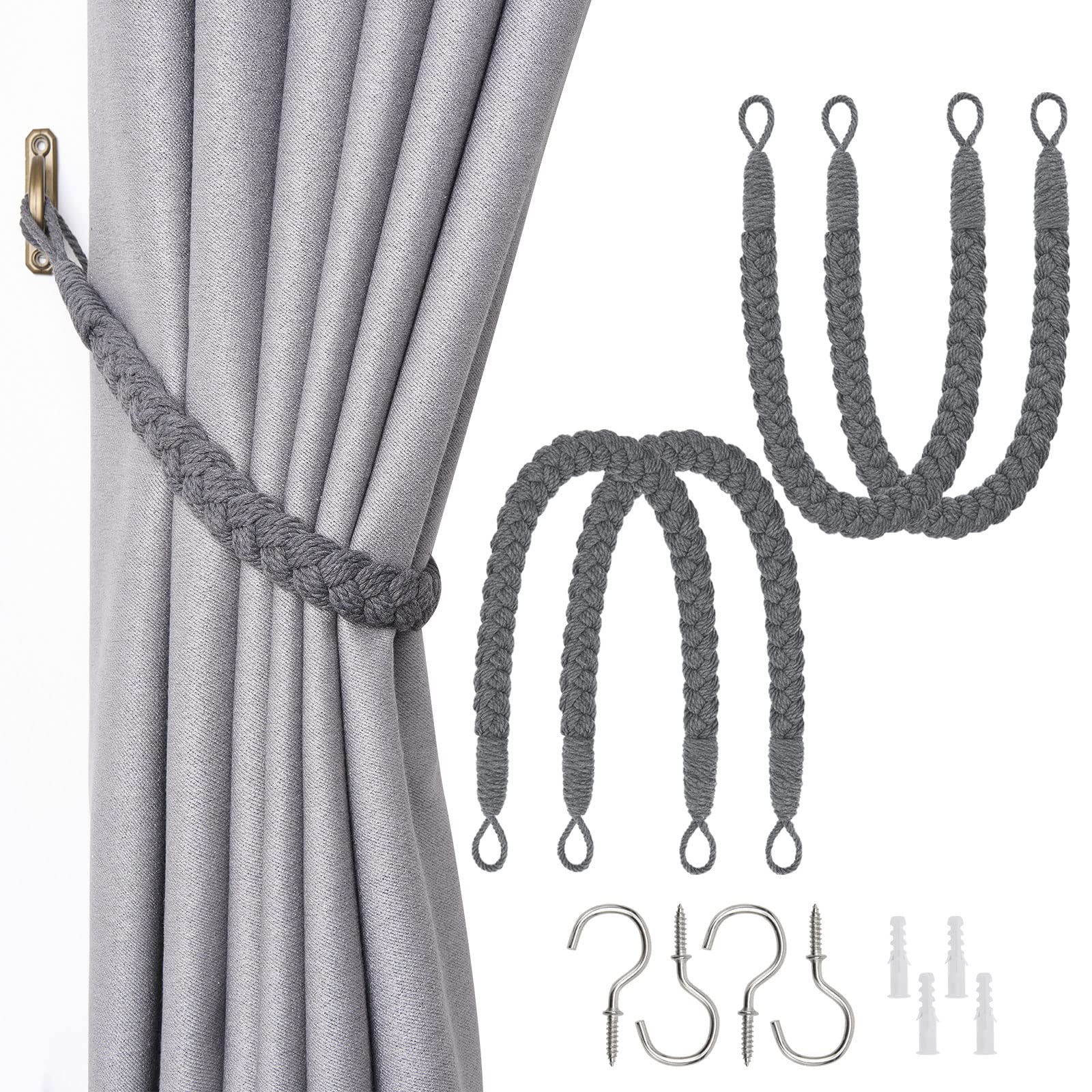 Pretty Jolly 4 Pack Natural Cotton Rope Curtain Tiebacks Elegant Boho Style Decorative Drape Tie Backs Soft Hand-Woven Rope Curtain Holdbacks with Metal Hook for Home & Office Drapery (Dark Grey)