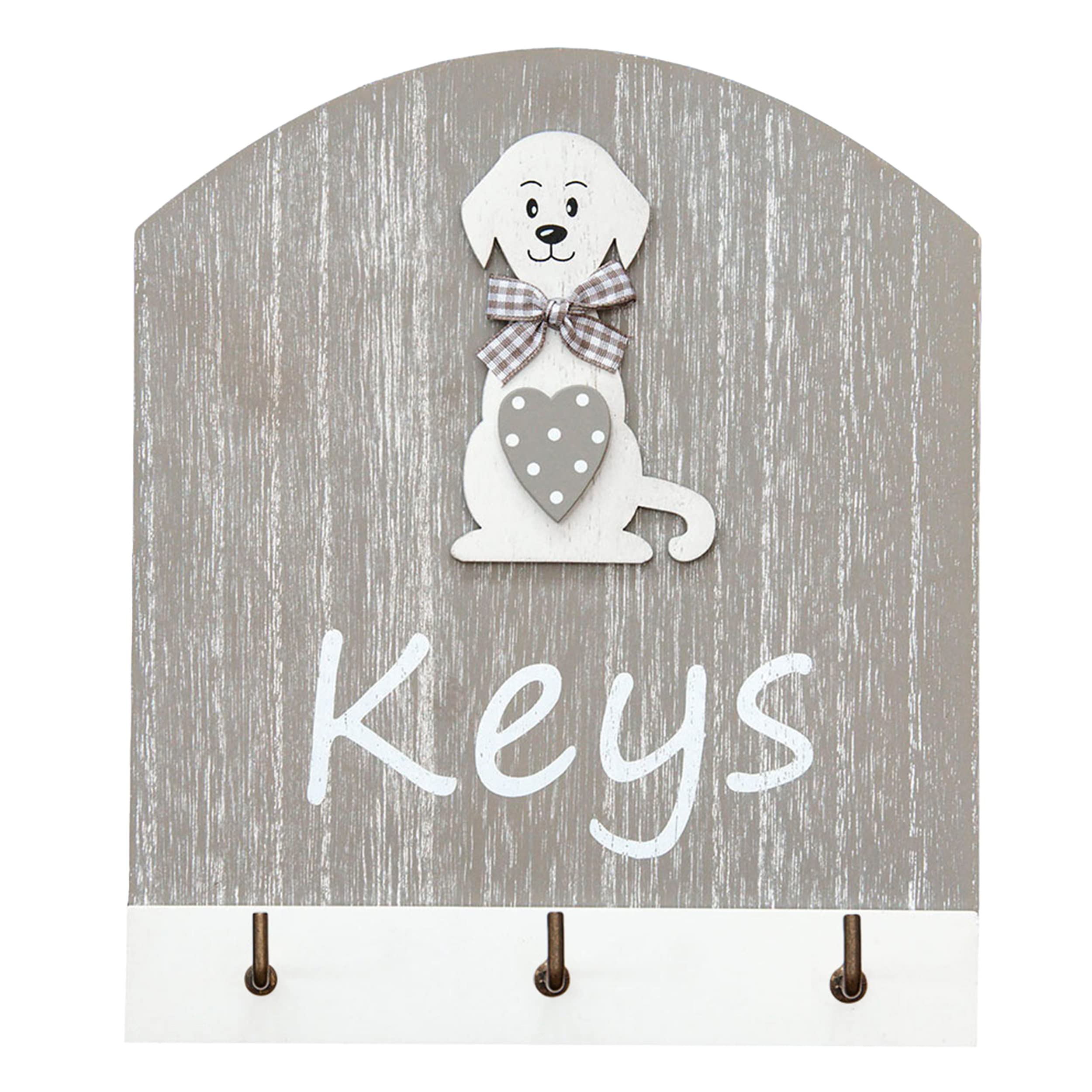 SPOTTED DOG GIFT COMPANY Dog Key Holder, Wall Mounted Wooden Key Hanger Rack with 3 Hooks for Entrance Entryway Hallway, Cute Animal Themed Kitchen Home Decor, Gifts for Dog Lovers - Grey