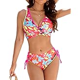 WINEGO Bikini Sets for Women Two Piece Swimsuit Color Block Twist Front Top Mid Rise Bathing Suit