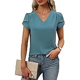 BMJL Womens Dressy Casual Blouses Business Casual Work Tops V Neck Cap Sleeve Summer Tshirt