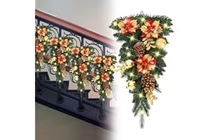Giegxin 4 Pcs 24 Inches Prelit Christmas Teardrop Swag LED Christmas Stair Swags Xmas Light up Wreath Garland Pine Cone Props Ornament for Indoor Outdoor Hanging Decor (Poinsettia)
