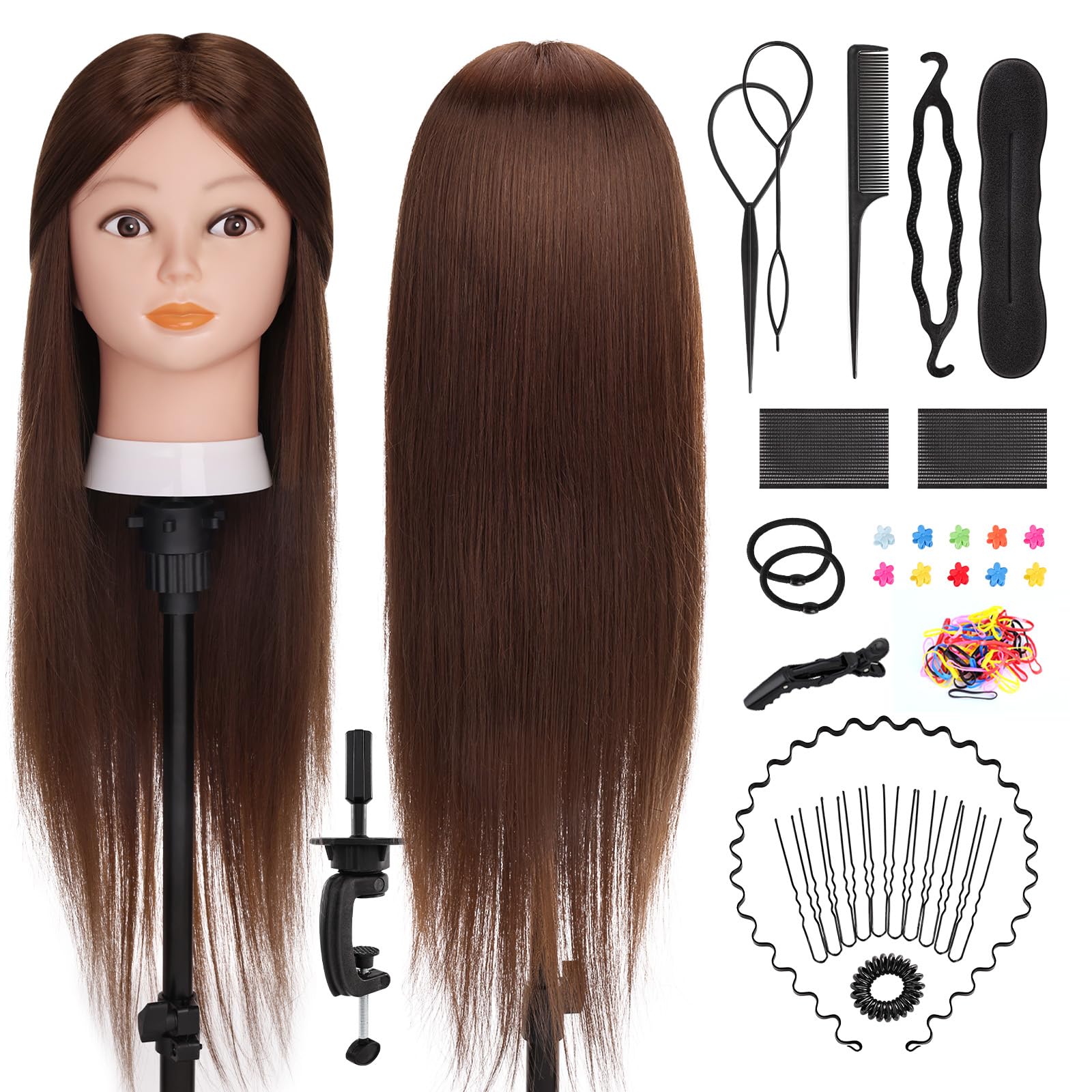 Yofuly 26-inch training heads, 80% real hair cosmetic mannequin head with table clamp & DIY hair braid set (light brown)