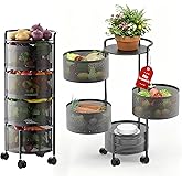 JAQ No Assembly Integrated Vegetable Storage Rack, 4-Tier Rotating Fruit Basket with Wheels, Solid Carbon Steel Kitchen Storage Cart for Potato Onion Produce, Fruteros para Cocina, Black