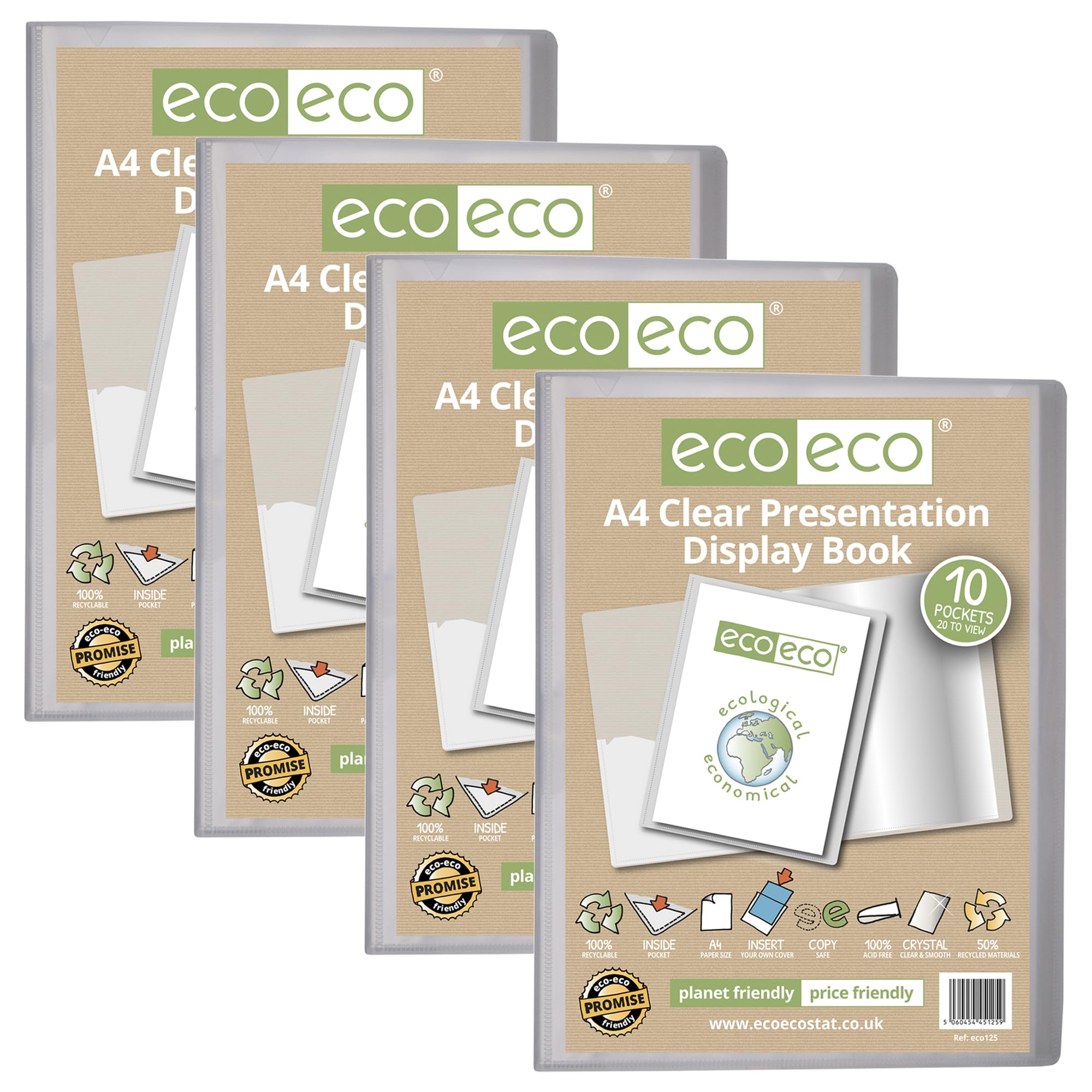 eco-eco A4 Size 50 Percent Recycled 10 Pocket Clear Presentation Display Book, Storage Case Portfolio Art Folder with Plastic Sleeves, Pack of 4, eco125x4