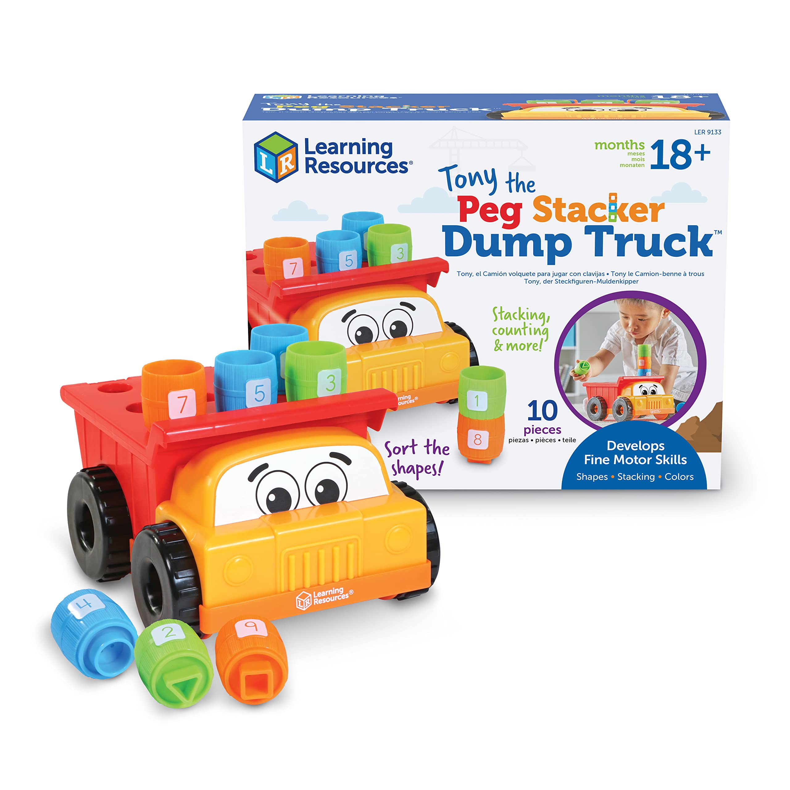 Learning Resources Tony the Peg Stacker Dump Truck, 10 Pieces, Ages 18+ months Fine Motor Skills Toy for Toddlers, Preschool Toys, LER9133, Multicolor