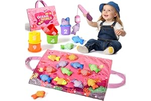 ALSATIC Montessori Toys for 1 Year Old - 20PCS Cloth Toddler Pink Fishing Game with Stacking Cups,Baby Color Sorting Toy 12-18 Months One Year Old Birthday Gift,Toddler Toys for 1 2 3 Year Old Boy Girl Gifts