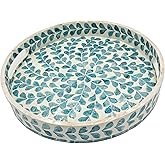 PEMAR 12.6” Mother of Pearl Round Serving Tray with Handles, Decorative Nacred Wooden Ottoman Coffee Table Tray (Teal Floral Pattern)