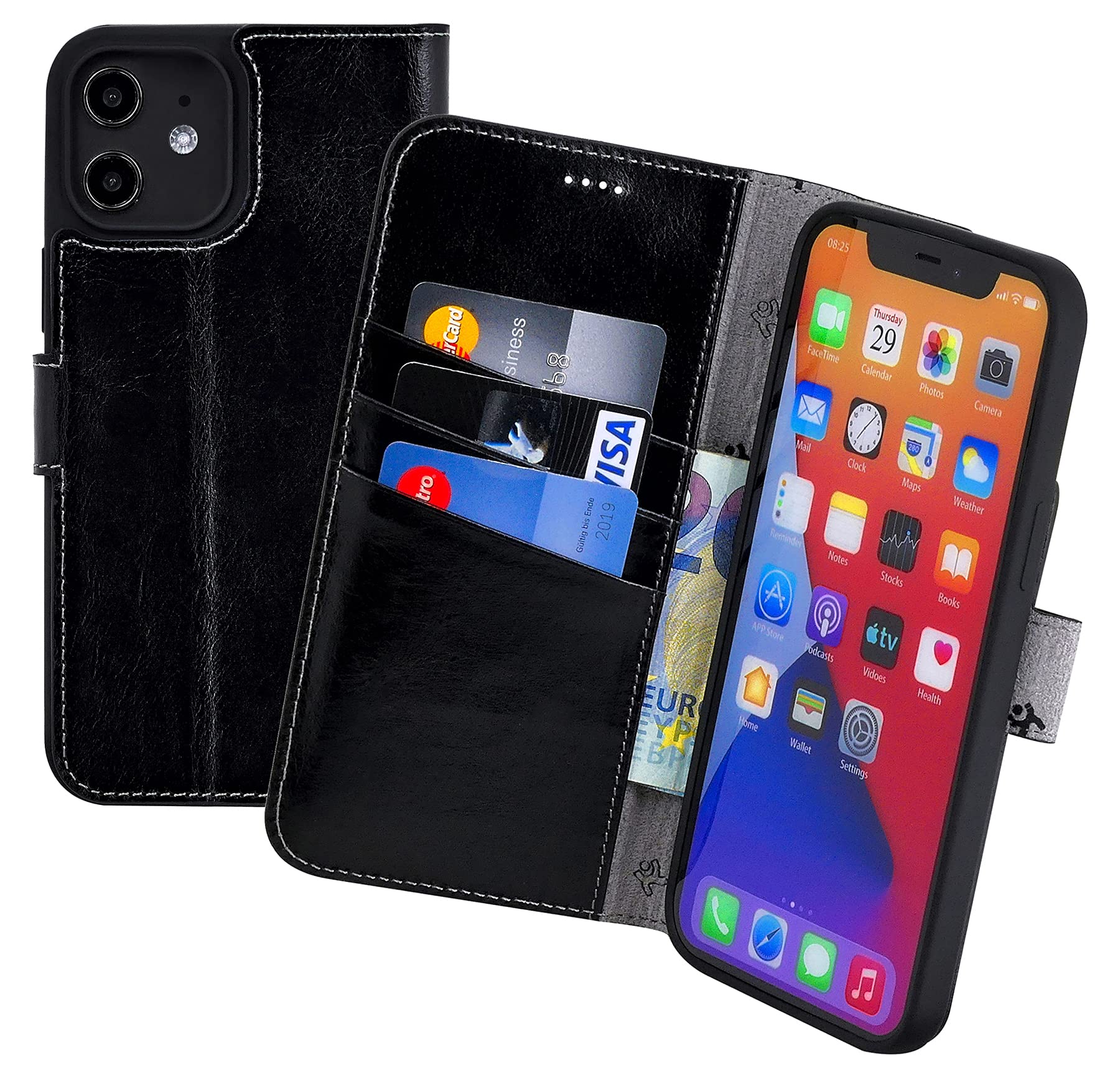 Suncase Book-style case compatible with iPhone 12 (6.1 inch) leather case (slim fit) leather mobile phone case protective case with 3 card slots in black.