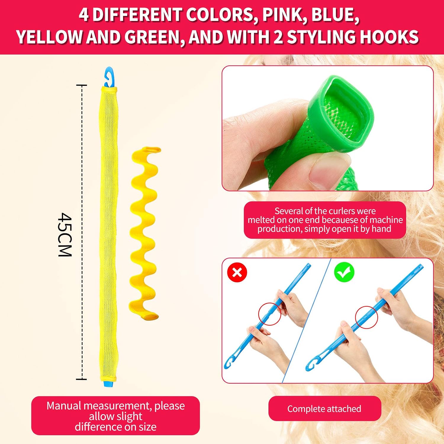 28 Pieces Heatless Wave Hair Curlers Formers Spiral Curls Hair Wave Curlers No Heat Styling Kit with 2 Pieces Styling Hooks for Most Kinds of Hairstyles(45 cm,Assorted Color) - Image 3