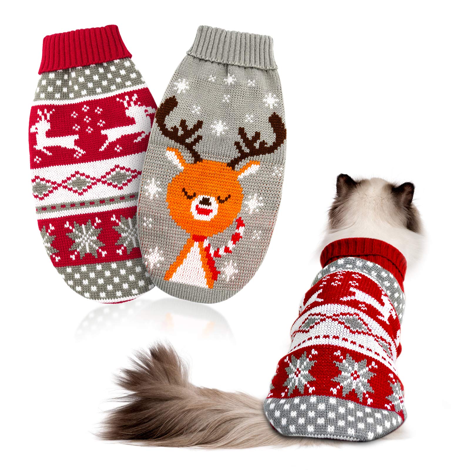 Photo 1 of HYLYUN Cat Christmas Sweater 2 Packs - Puppy Christmas Sweater Pet Reindeer Snowflake Sweaters for Kittys and Small Dogs XL