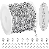KYUNHOO 16.4 Feet Silver Stainless Steel Chains Bulk Embossed Lip Chain Roll Soldered Cross Link Chains Cable Chain with Jewelry Clasps for Handcraft Making