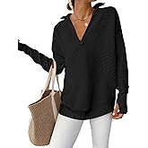 ANRABESS Womens Long Sleeve Quarter Zip Pullover Sweater Casual Loose V Neck Collared Ribbed Knit Jumper Tops Thumb Hole