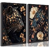 Dark Cheetah Canvas Wall Art Moody Blue and Gold Leopard Wildlife Animal Flower Pictures Painting Wall Decor Poster Print Artwork for Living Room Bedroom Decoration Unframed