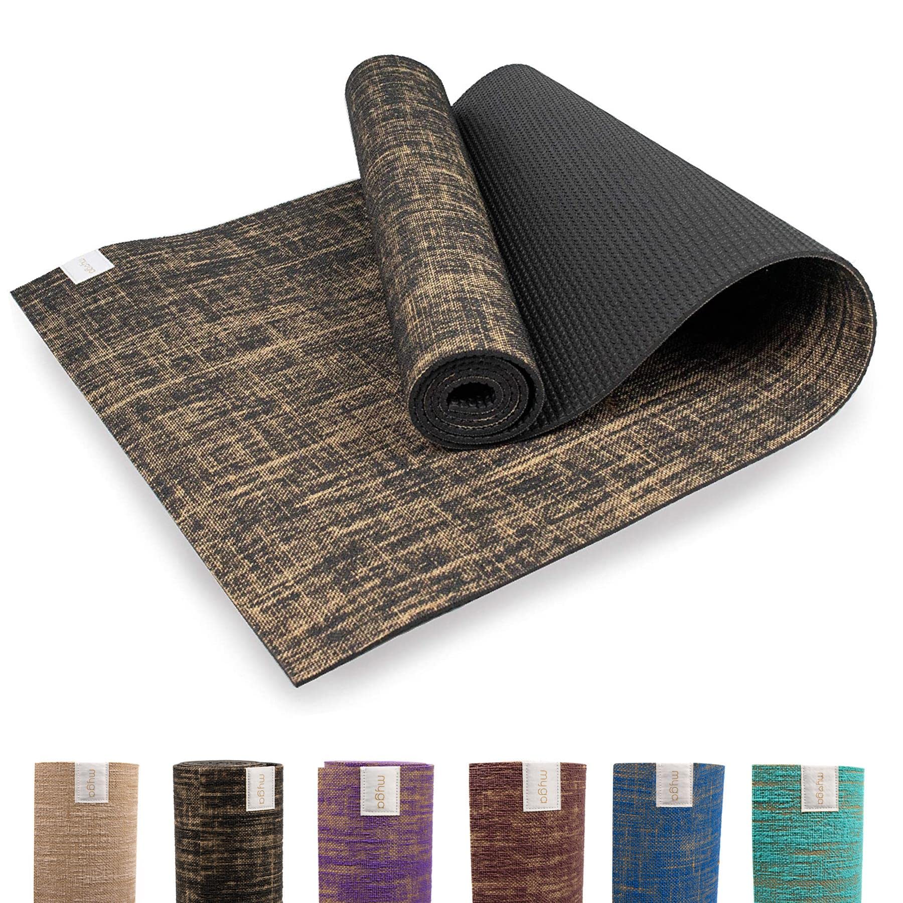 Myga RY1241 - Jute Yoga Mat - High Performance Vegan Floor Exercise Mat - Eco Friendly Biodegradable Yoga Mat with PVC Backing - 5mm Thickness - Black, 183cm x 61cm x 5mm