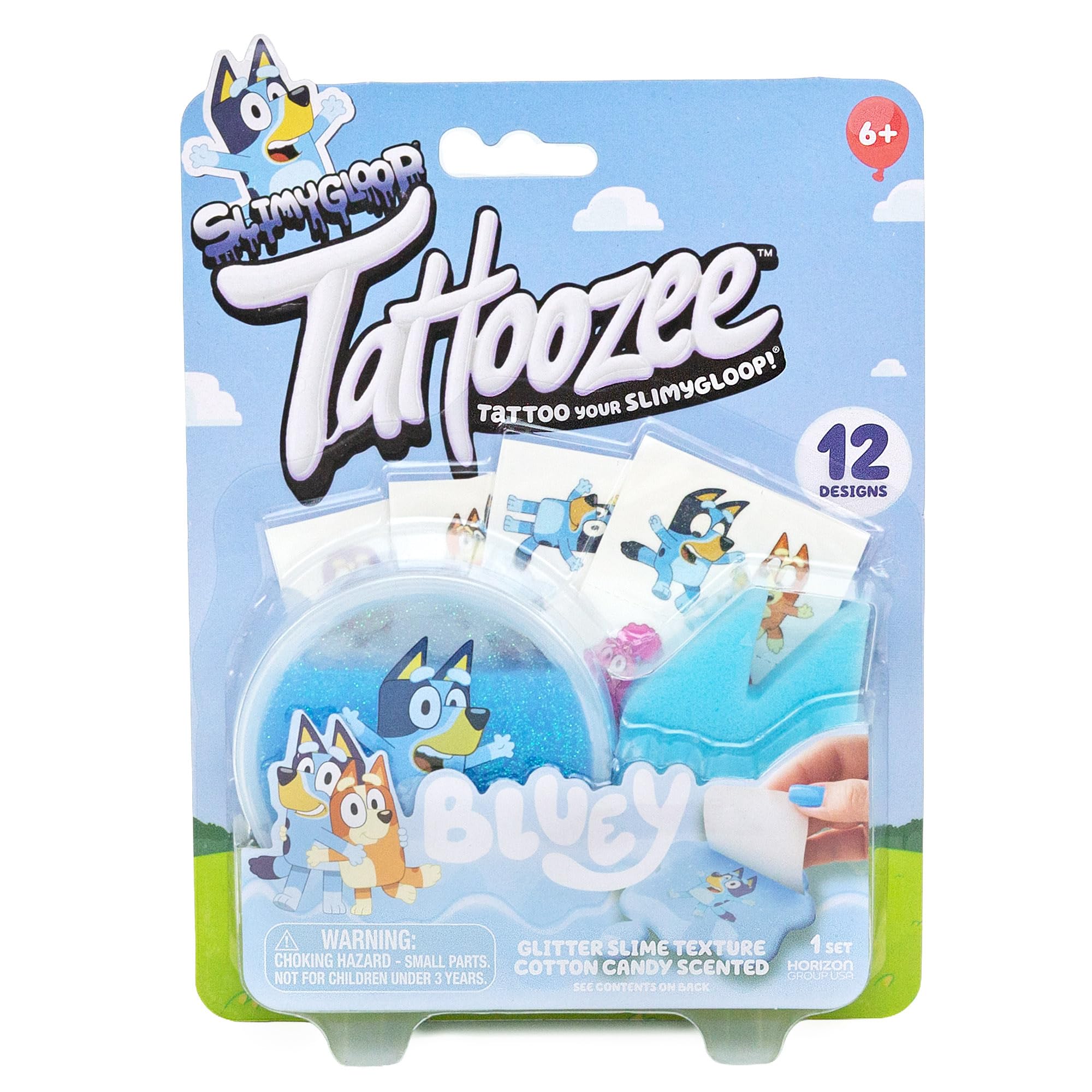 SLIMYGLOOP Tattoozee, Bluey Tattoo Transfer Slime Kit, Sensory Play for Kids Ages 6+, Cotton Candy Scented, Glitter Texture