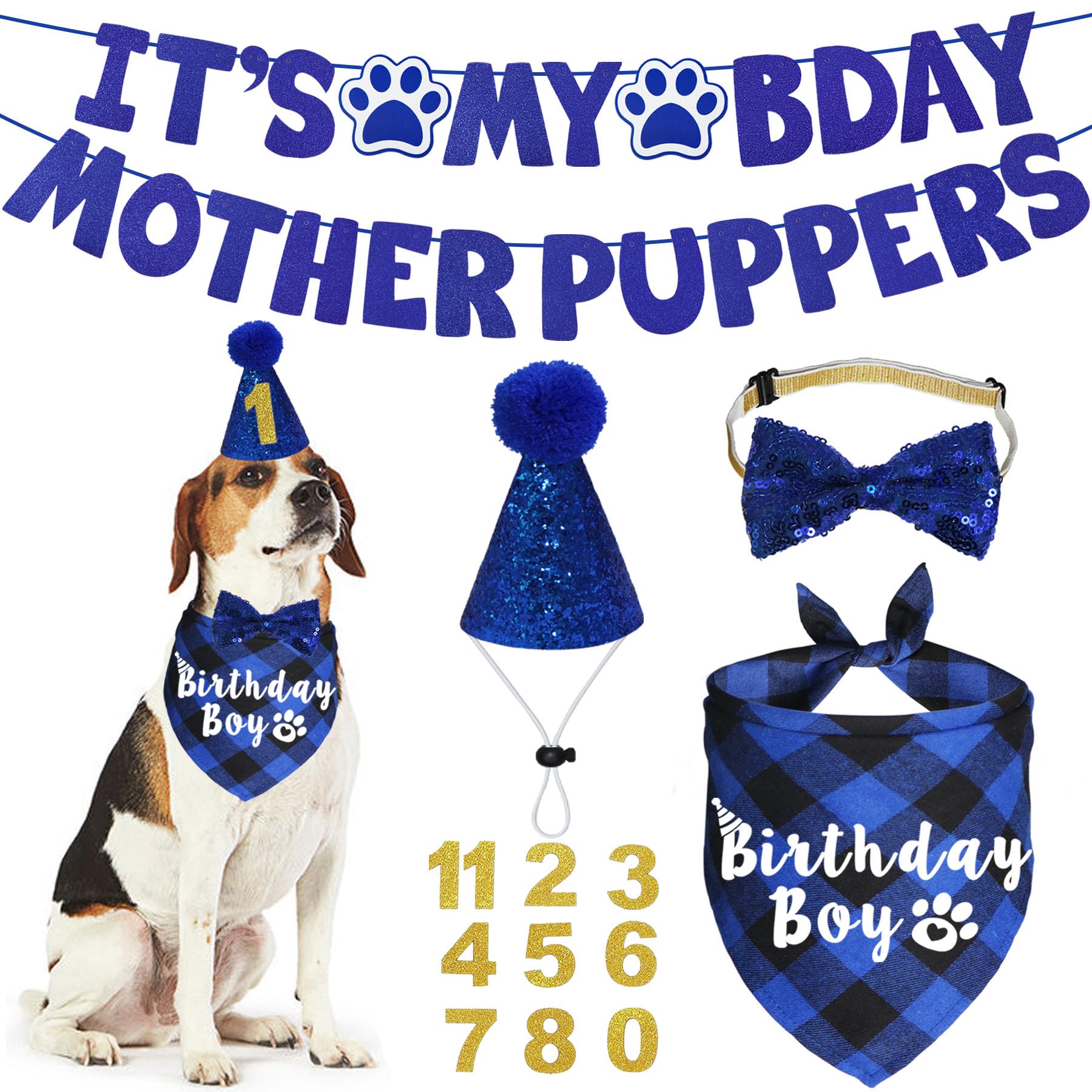 Photo 1 of JOTFA Dog Birthday Party Supplies, Multi Sizes Dog Birthday Hat with Numbers Bandana Bow Tie It’s My Bday Mother Puppers Sign Banner for Medium Large Dogs Pets (Large, Blue)