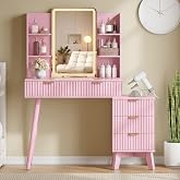 IAISRO Fluted Makeup Vanity Desk with Mirror and Lights, 42" Modern Dressing Table for Small Spaces, Pink Vanity with 5 Drawers &amp; Power Strip, 3 Lighting Modes for Women Girl's Bedroom