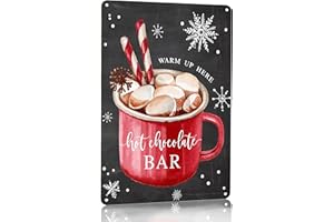 Joyline Vintage Christmas Decor Gifts Rustic Hot Chocolate Bar Warm Up Here Tin Sign for Home Farmhouse Kicthen Cafe Bar Wall Decor 8 x 12 inches (3235)