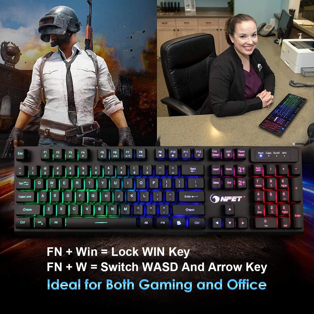 NPET K10 Gaming Keyboard USB Wired Floating Keyboard, Quiet Ergonomic Water-Resistant Mechanical Feeling Keyboard, Ultra-Slim Rainbow LED Backlit Keyboard for Desktop, Computer, PC: Computers & Accessories