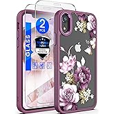 Dretal for iPhone XR Case Flower, Military Grade Drop Tested Hard Back & Soft Edge Slim Flower Women Girls Phone Protective Cover with 2 PCS Tempered Glass Screen Protector for iPhone XR (Purple)