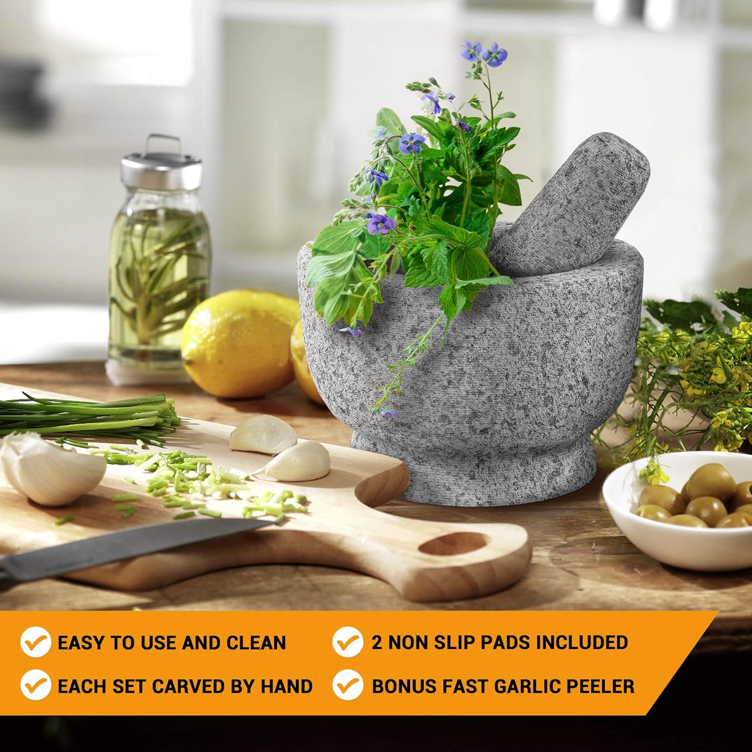 PriorityChef Mortar and Pestle Set - 100% Natural 2 Cup Unpolished Granite - Grind, Crush & Mash Spices and More - Easy to Use & Clean - Solid Stone Mortar and Pestle Large: Kitchen & Dining