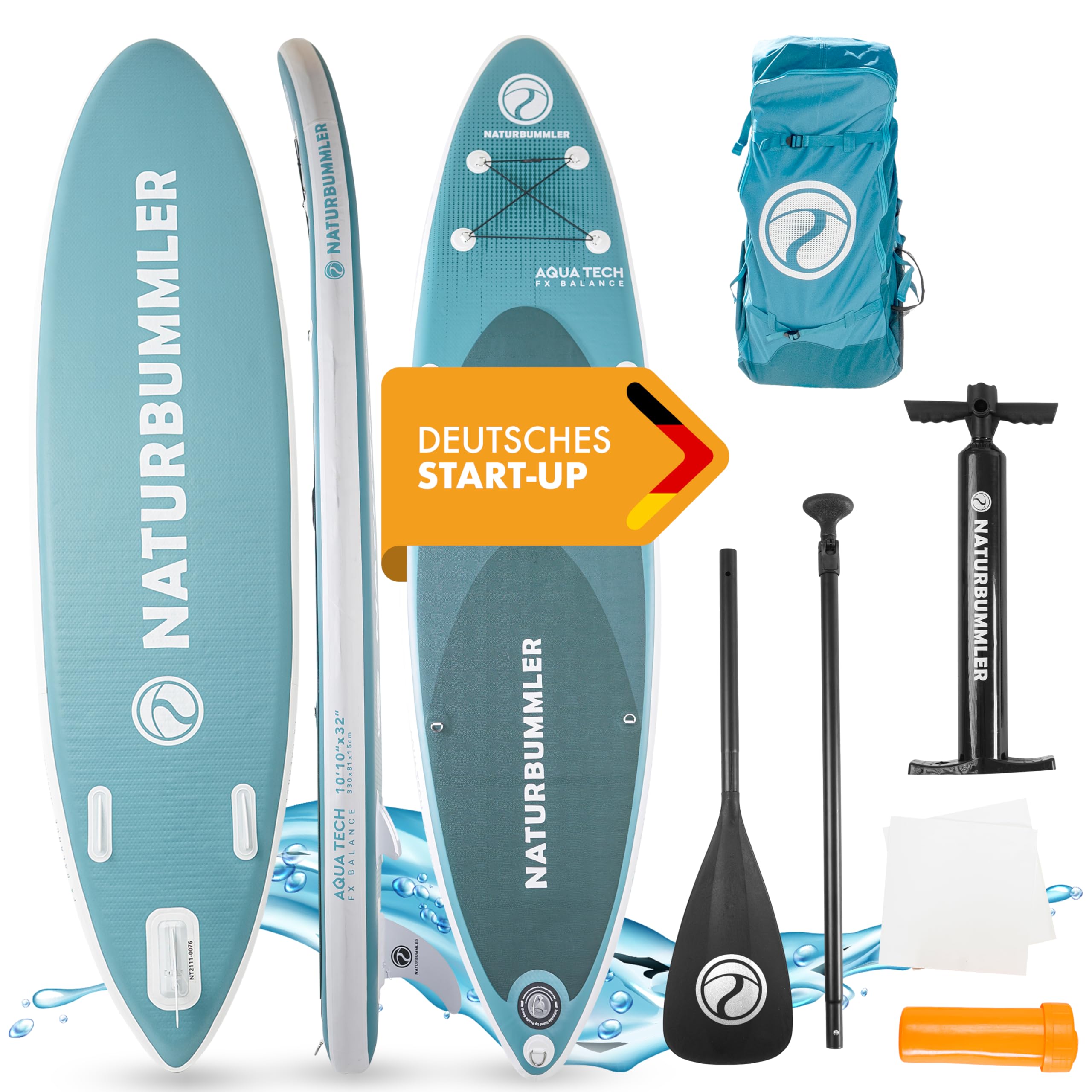 NATURBUMMLER SUP Board Komplettset [330×81×15 cm] – Stand Up Paddle Board für Anfänger & Fortgeschrittene (150 kg) – inkl. Paddel, Luftpumpe & Rucksack – Paddleboard Outdoor