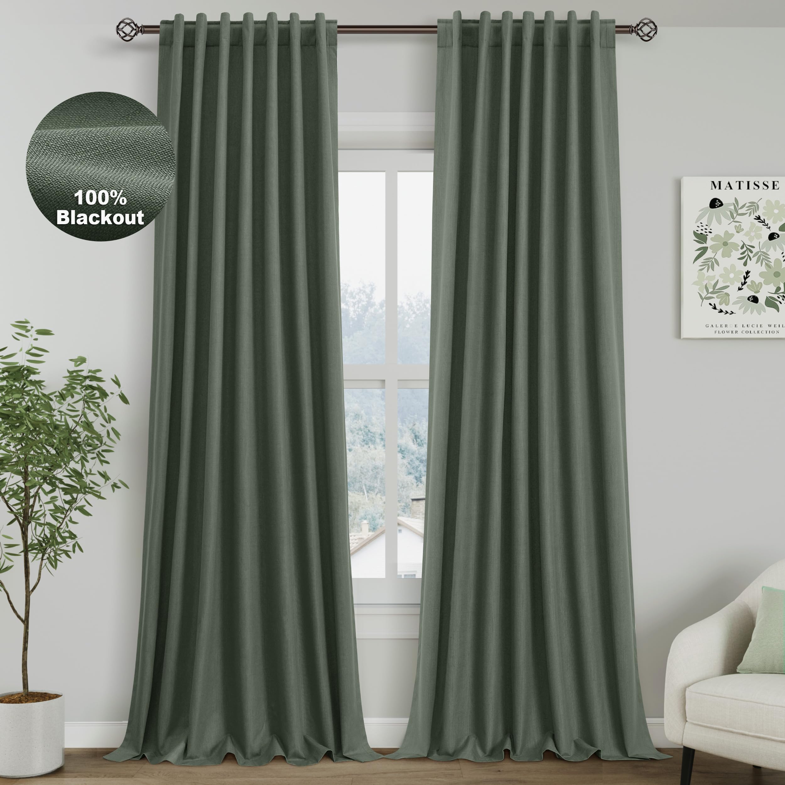 Photo 1 of 100% Blackout Linen Curtains 102 Inches Long 2 Panels Set for Bedroom Olive Green Back Tab Black Out Curtain Modern Urban Noise Cancelling Total Light Blocking Window Curtains 102 Length 52X102