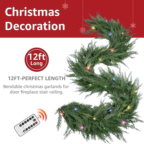 CHRISTMAS CEDAR GARLAND REALISTIC WITH LIGHTS – CYPRESS DECORATIONS 12FT FOR MANTLE LIGHTED FAUX PINE GARLANDS FOR XMAS HOME DECORATION INDOOR STAIRS RAILING FIREPLACE 12 FT OUTDOOR PRELIT DOOR DECOR
