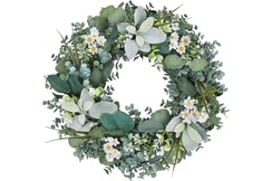 HOBYYOHIN Summer Wreaths for Front Door,18''Green Eucalyptus Wreath,Year Round Greenery Wreath with Eucalyptus Boxwood Leaf Little Daisy Lambs Ear for Home,Outside Farmhouse,All Seasons-Indoor/Outdoor