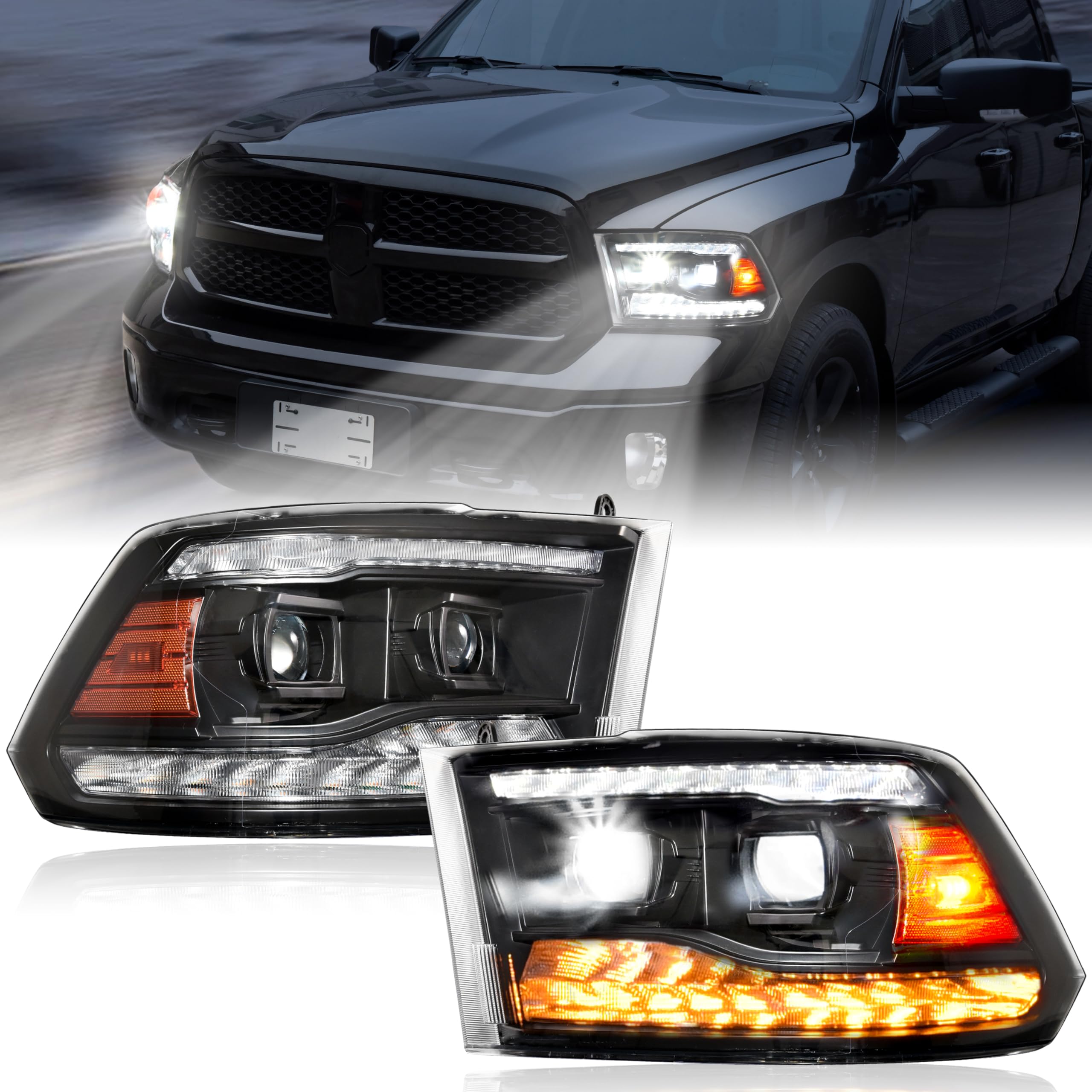 Photo 1 of KEWISAUTO Full LED Headlights for Dodge Ram 1500 2009-2018, DRL Dynamic Animation Sequential Turn Signal Head Lights for Dodge Ram 1500 2500 3500 2009-2018 Accessories (2PCS)