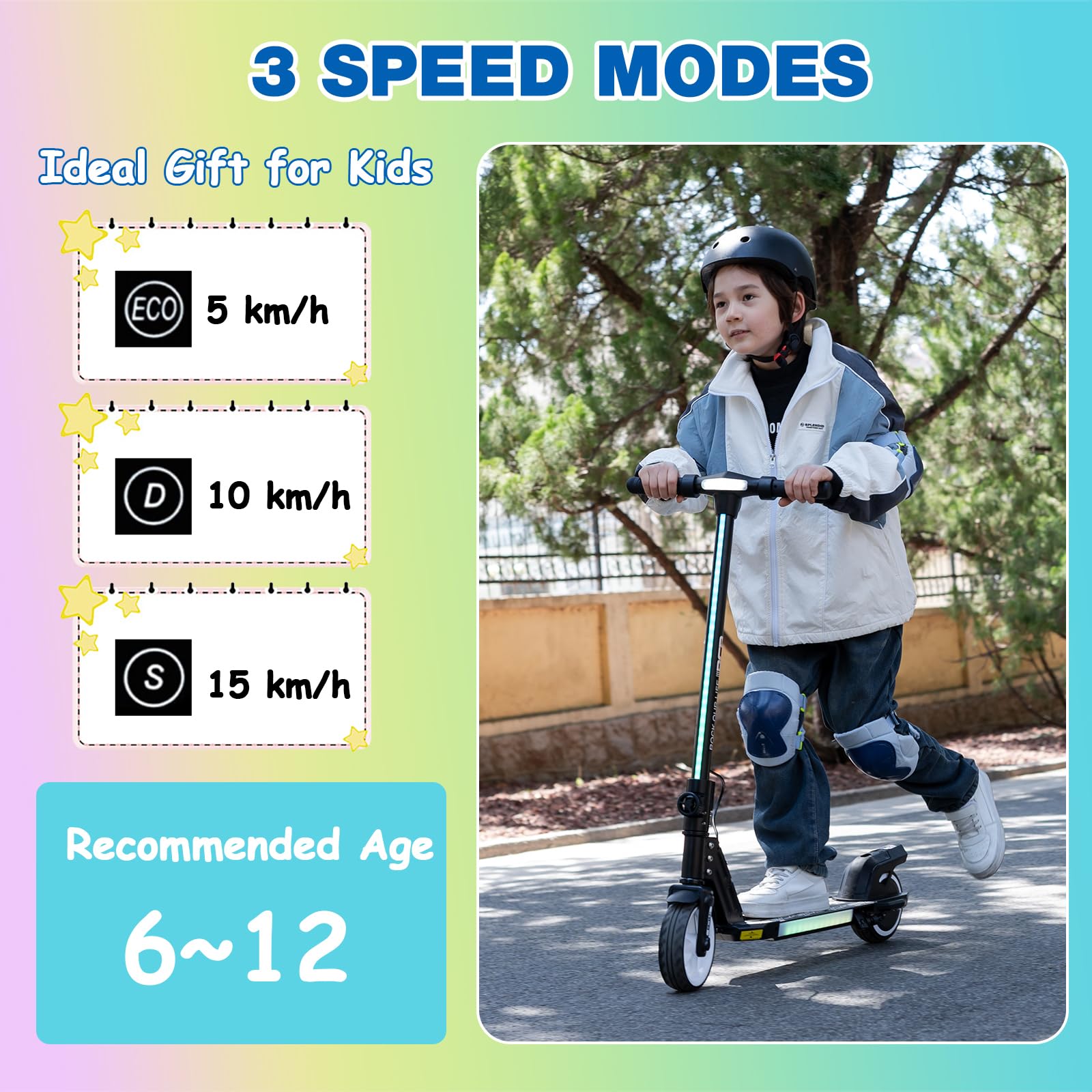 RCB R12 E-Scooter Kinder 6-12 Jahren, bis zu 15 km/h & 10 km, 6,5 Zoll Faltbar Elektroroller, Bunte Leuchten, LED Display,Doppelte Bremsen, Geschenk für Kinder 3
