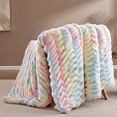 Smoofy Rainbow Fluffy Blanket for Couch - Luxury Faux Rabbit Fur 50"x60" | Ultra Soft &amp; Plush Comfort Ruched Blanket, Cozy Fuzzy Colorful Throw for Sofa &amp; Bed, Great Gift for Women, Rainbow Room Decor