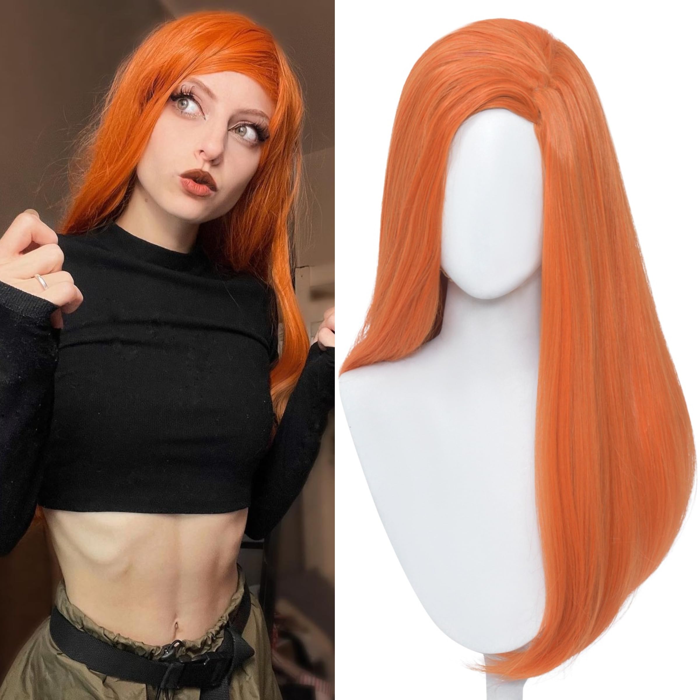 Photo 1 of ***BRIGHT ORANGE*** bLong Straight Anime Orange Wig Ginger Side Part Fire Wig 23.6'' Synthetic Hair for Women Daily Halloween Costumes Party