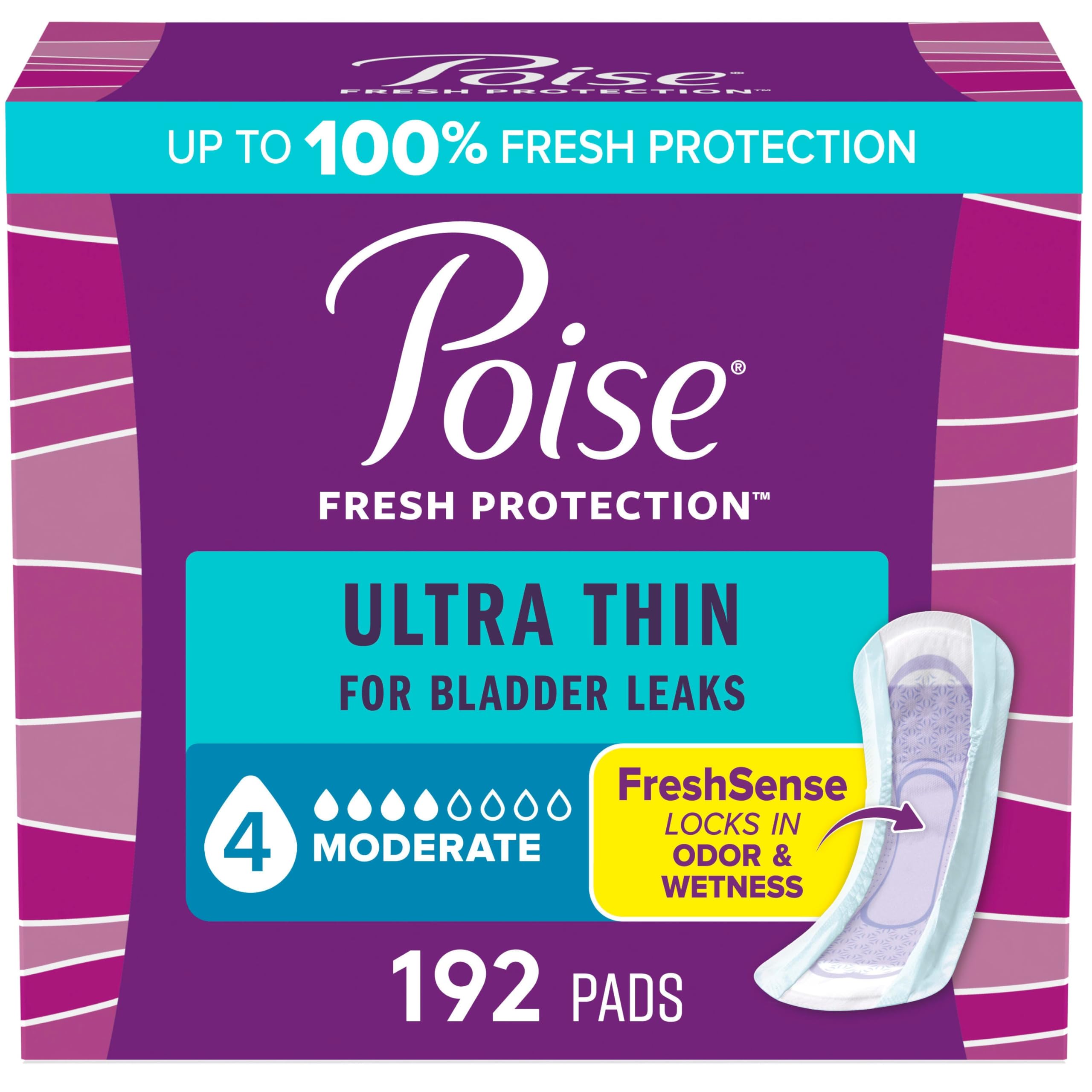 Photo 1 of Poise Ultra Thin Incontinence Pads & Postpartum Pads for Bladder Leaks, 4 Drop Moderate Absorbency, Regular Length, 192 Count (4 Packs of 48), Packaging May Vary