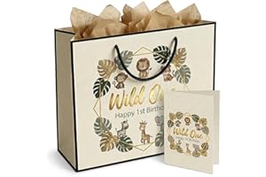 Complete Wild One 1st Birthday Gift Bag Set 13" with Greeting Card & 3 Tissue Papers, Large Jungle Safari Party Favor Present