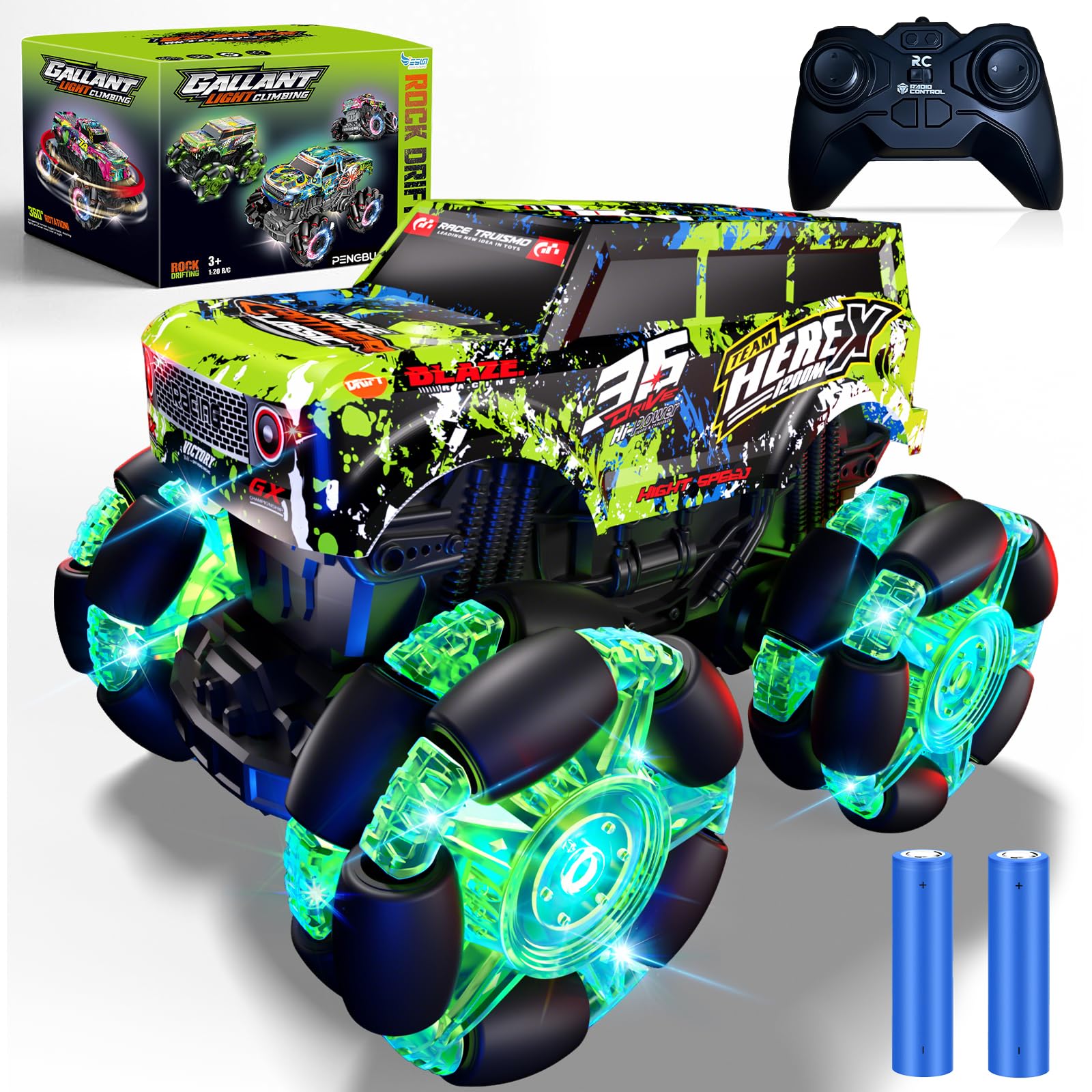 PENGBU RC Remote Controlled Car from 3 4 6 Years, 2.4 GHz Monster Truck Remote Controlled with Light Tyres and Music, 1/20 Remote Controlled Monster Truck with 360° Rotation and 2 Batteries, Boys 3 4