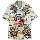 HIHI GLOBAL Tropical Bigfoot Hawaiian Shirts for Men Women, Sasquatch Summer Beach Button Down Short Sleeve, Raccoon 4XL