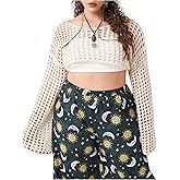 COZYEASE Women's Plus Size Y2K Hollow Out Long Sleeve Shrug Boat Neck Knit Crop Top Crochet Pullover Sweater