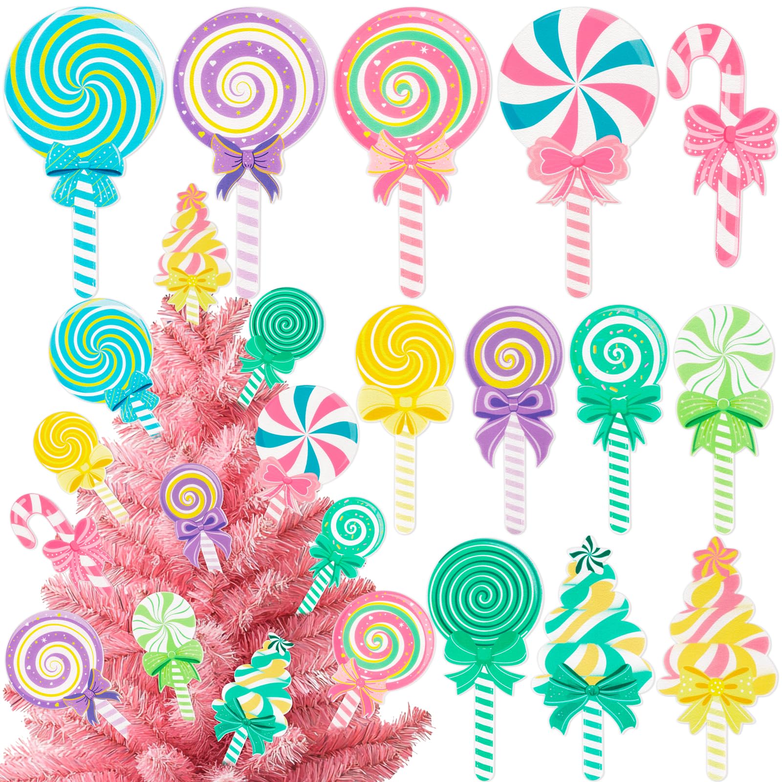 Photo 1 of 12PCS Christmas Candyland Decorations Color Felt Candy Cane Peppermint Lollipop Ornaments Xmas Tree Topper Picks Holiday Party Decor Supplies