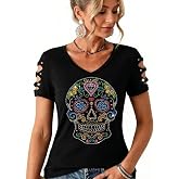 'Sugar Skull' Rhinestone T-Shirt, Neon Heart Studs Halloween Graphic Top with Ripped Cut Out Short Sleeves