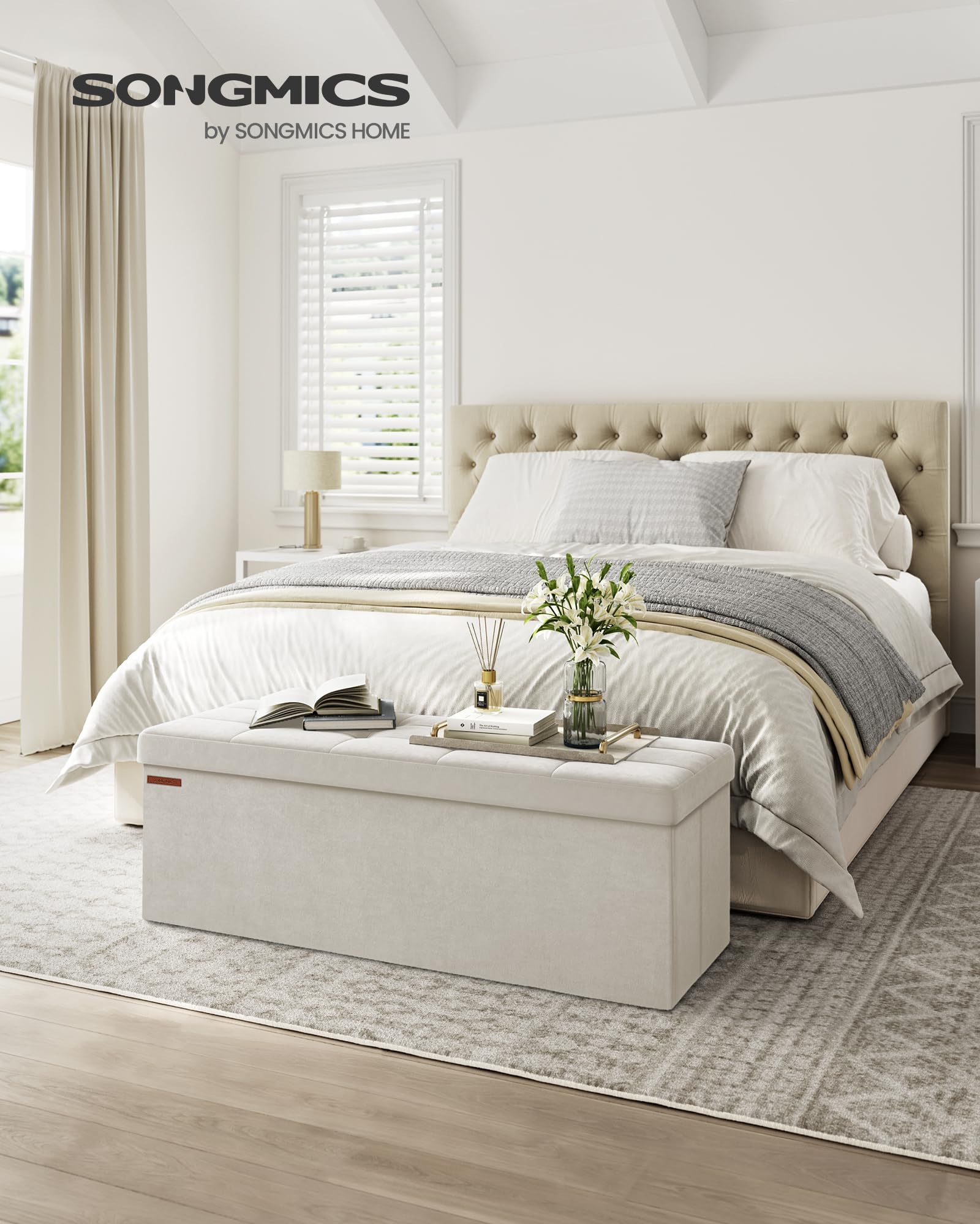 SONGMICS Sitzhocker mit Stauraum, klappbare Sitzbank, 38 x 110 x 38 cm Fußbank, Aufbewahrungsbox, bis 300 kg belastbar, für Wohnzimmer Schlafzimmer Flur, cremeweiß LSF277W01 2
